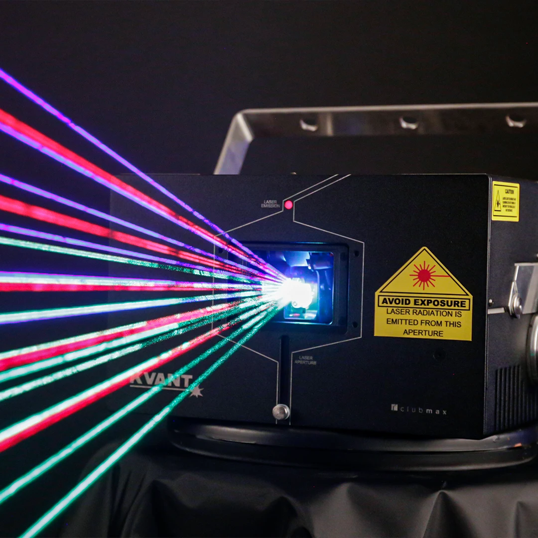 Kvant Clubmax laser projecting various color beams in a straight line