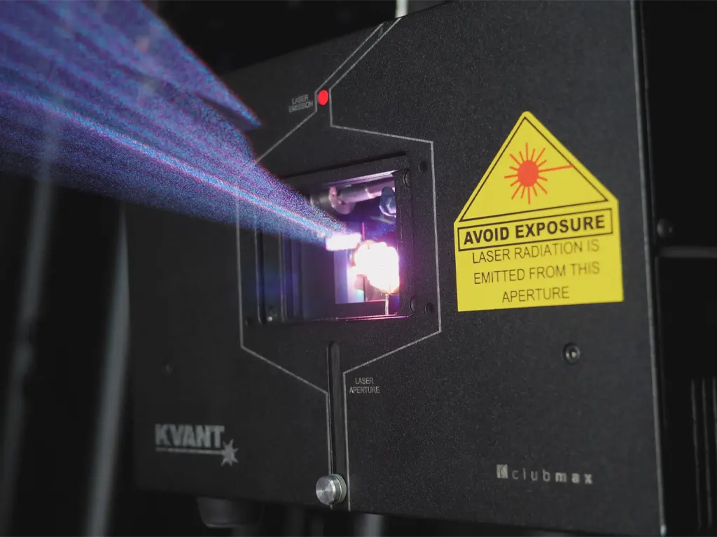 Close up of a Kvant Clubmax projecting a laser beam